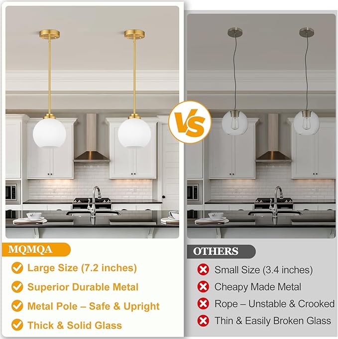 1 Pack 7.2-Inch Globe Pendant Lights, Mid Century Gold Pendant Light Fixtures, Globe Pendant Lights Kitchen Island with Milk Glass Shade Adjustable Hanging Fixture for Dining Room (Bulbs not Included)
