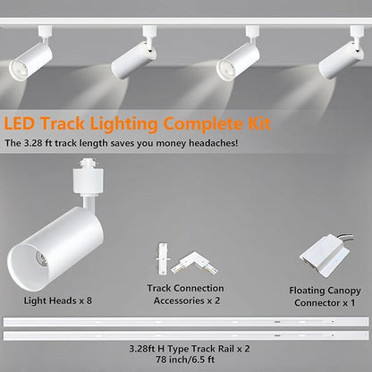 White GU10 LED Track Lighting Kit, GU10 Track Light Heads with 2 * 3.28FT H Track Light Rail 8PCS Ceiling Spotlight Fixture for Home and Shop, No Bulbs