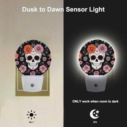 EKOBLA Floral Skull Plug-in Night Light, Skeleton & Flower LED Nightlight with Auto Sensor for Bedroom & Hallway