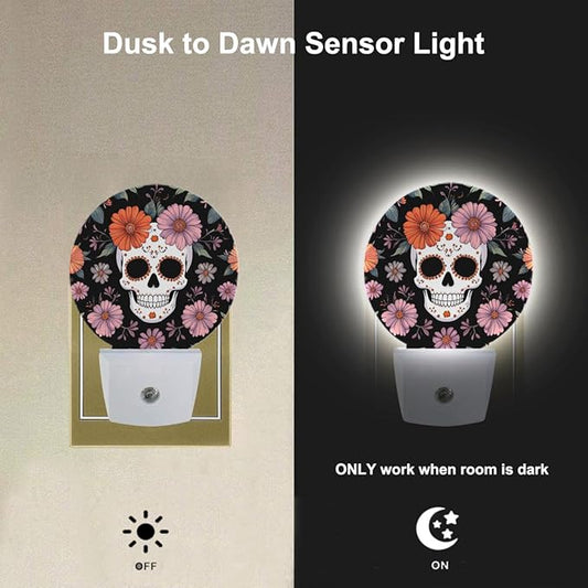 EKOBLA Floral Skull Plug-in Night Light, Skeleton & Flower LED Nightlight with Auto Sensor for Bedroom & Hallway