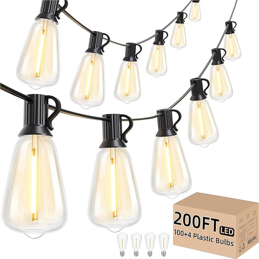 Svater Outdoor String Lights 200 FT, Commercial Vintage Patio Lights with 100+4 1W Shatterproof Plastic Led Bulbs, Connectable Dimmable Hanging String Lights for Backyard Porch Cafe(2 Pack 100 FT)