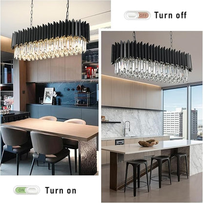 Modern Black Rectangular Crystal Chandelier for Dining Room 3-Tiers 8 Lights Luxury Oval Ceiling Hanging Light Contemporary Pendant Light Fixture for Kitchen Island Living Room Bar L33 inch