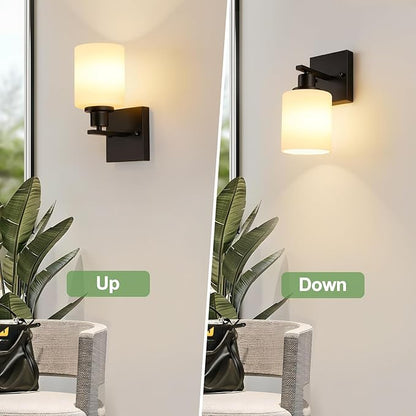 MOKATNG Set of 2 Wall Sconces for Bathroom,Black Modern Vanity Lights with White Glass Shade,Bathroom Wall Lamp for Mirror Kitchen Living Room Hallway Cabinet Porch