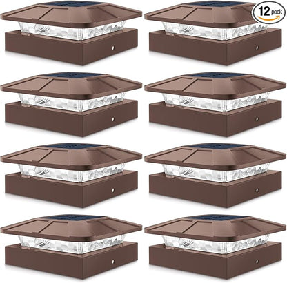 Peasur 12 Packs 4x4 Solar Post Cap Lights with 3 Lighting Modes, Brown Fence Caps Light Fits 4×4/3.5×3.5 Wood/Vinyl Posts, Waterproof Outdoor Post Top Lighting for Deck Mailbox Porch Railing
