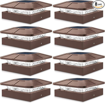 Peasur 4x4 Solar Post Cap Lights Outdoor with 3 Modes, 8 Packs Brown Fence Light Solar Powered Waterproof, Wood/Vinyl Posts Caps Lights for Deck Yard Garden Patio Porch Railing Outside