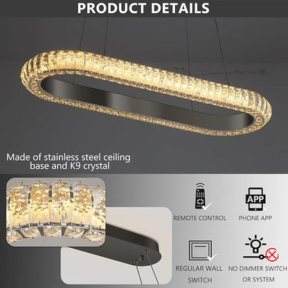 32'' Oval Ring Crystal Chandelier Modern LED Dimmable Ring Pendant Light Chandelier for Dining Room Living Room Black