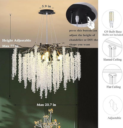 Crystal Tree Branches Chandeliers Luxury Round Raindrop Pendant Light Fixture 8 Light Ceiling Hanging Light for Dining Room Bedroom Living Room Entryway 23.7" Black