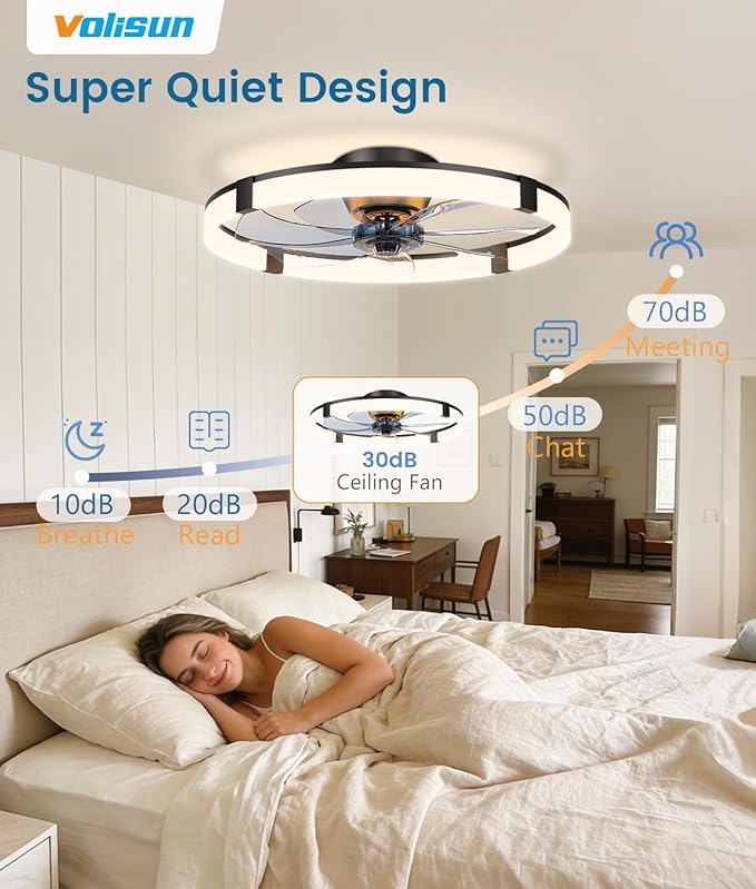 VOLISUN Low Profile Ceiling Fans with Lights and Remote, 23.6in Flush Mount Ceiling Fans with Light, 3000K-6500K Dimmable Fandelier Ceiling Fan, Black Bladeless Ceiling Fan for Bedroom
