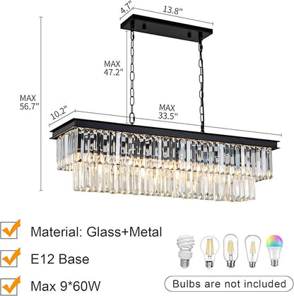Black Crystal Chandelier for Dining Room Light Fixture Rectangle Modern Farmhouse Chandelier Contemporary Pendant for Kitchen Island Living Room Long Chandelier Rectangular Lighting
