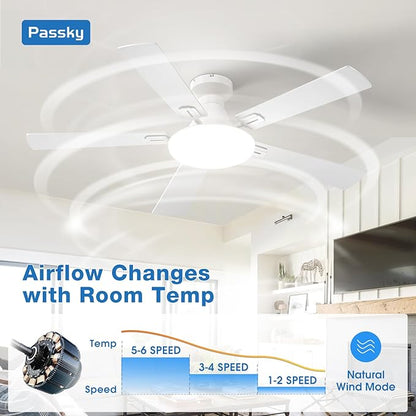 Passky Ceiling Fans with Lights, 52 inch Flush Mount Ceiling fan with Remote Control, Low Profile Ceiling Fan for Bedroom, Farmhouse, Reversible, 3CCT, Dimmable, Noiseless DC Motor, White