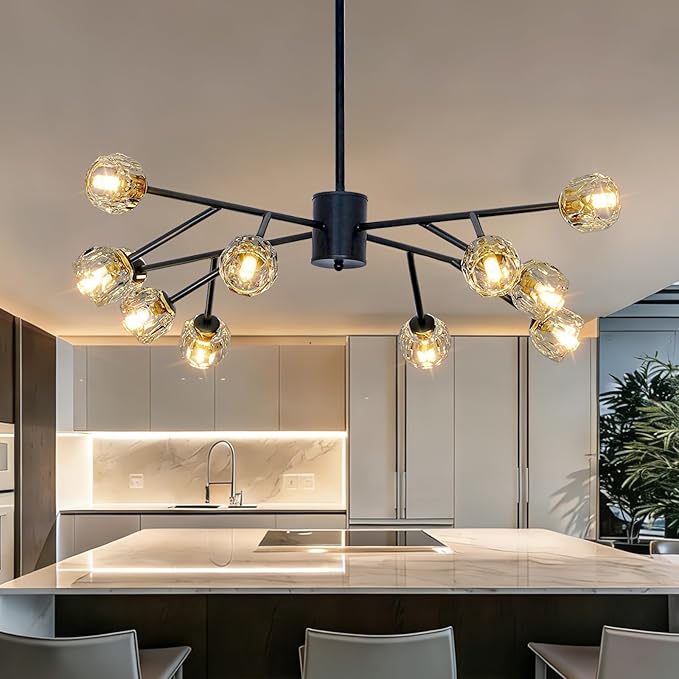 Depuley Chandelier Ceiling Light Fixture: 12-Light Modern Sputnik Chandelier for Dining Room - Height Adjustable Mid Century Black Crystal Chandelier for Bedroom Living Room (Included G9 Bulbs)