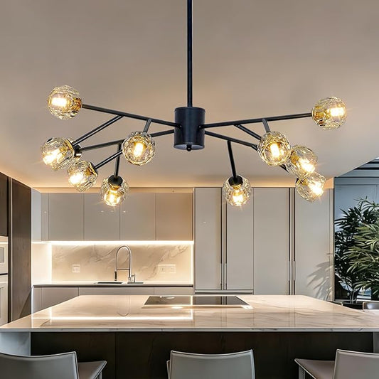 Depuley Chandelier Ceiling Light Fixture: 12-Light Modern Sputnik Chandelier for Dining Room - Height Adjustable Mid Century Black Crystal Chandelier for Bedroom Living Room (Included G9 Bulbs)
