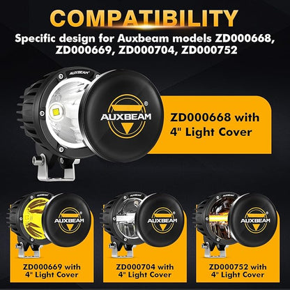 Auxbeam C4 Series 4 Inch Black Protective Light Covers, Round Offroad LED Pods Lens Cap, On Road & Off Road, Polycarbonate Plastic, Snap-On Design, 2 Packs