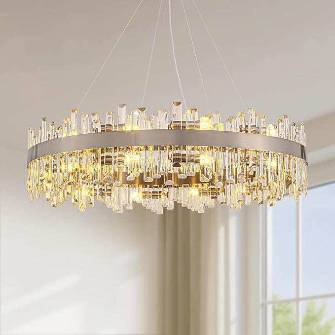 Siljoy Modern Crystal Chandelier, 20-Light Luxury Large Nickel 2-Tiers Raindrop Chandelier, Adjustable Flush Mount Pendant Ceiling Light for Living Dining Room Foyer Entryway D39.4''