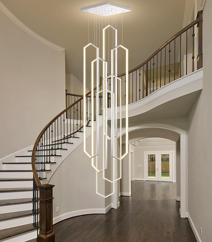 6 Rings Silver Modern Long Large Chandelier Dimmable LED High Ceiling Chandelier for Living Room Foyer Staircase Enterway Hanging Light Fixture Modern Ceiling Light