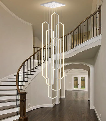 6 Rings Silver Modern Long Large Chandelier Dimmable LED High Ceiling Chandelier for Living Room Foyer Staircase Enterway Hanging Light Fixture Modern Ceiling Light