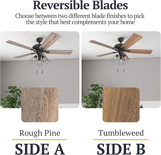 Prominence Home Lincoln Woods, 52 Inch Industrial Style LED Ceiling Fan with Light, Remote Control, Three Mounting Options, 5 Dual Finish Blades, Reversible Motor - 50745-01 (Bronze)