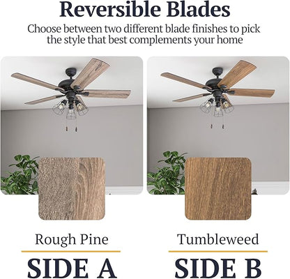 Prominence Home Lincoln Woods, 52 Inch Industrial Style LED Ceiling Fan with Light, Remote Control, Three Mounting Options, 5 Dual Finish Blades, Reversible Motor - 50745-01 (Bronze)