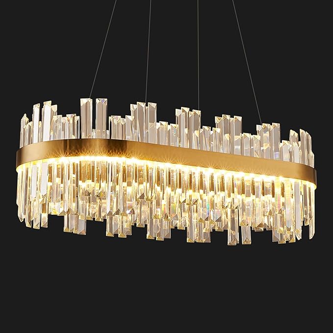 Gold Modern Crystal Led Chandelier: 39.3" Dimmable K9 Crystals Chandeliers over Table - Golden Luxury Glass Rectangle Chandelier - Height Adjustable Chandeliers with Remote for Dining Room Living Room