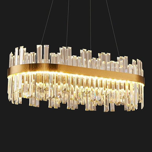 Gold Modern Crystal Led Chandelier: 39.3" Dimmable K9 Crystals Chandeliers over Table - Golden Luxury Glass Rectangle Chandelier - Height Adjustable Chandeliers with Remote for Dining Room Living Room