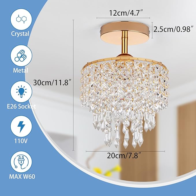 Mini Crystal Chandelier 3-Tier Raindrop Semi Flush Mount Ceiling Light Fixture Crystal Chandeliers for Bedroom Kitchen Hallway Bathroom Closet (Gold)