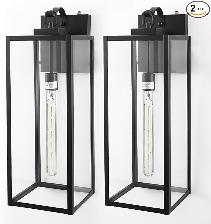 DORESshop 24 Inch Large Size Dusk to Dawn Outdoor Wall Lights, Matte Black Waterproof Anti-Rust Outdoor Light Fixtures Wall Mount with Clear Glass Shade for Porch, with T30 Light Bulbs, 2 Pack
