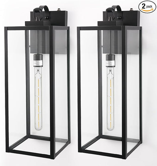 DORESshop 24 Inch Large Size Dusk to Dawn Outdoor Wall Lights, Matte Black Waterproof Anti-Rust Outdoor Light Fixtures Wall Mount with Clear Glass Shade for Porch, with T30 Light Bulbs, 2 Pack