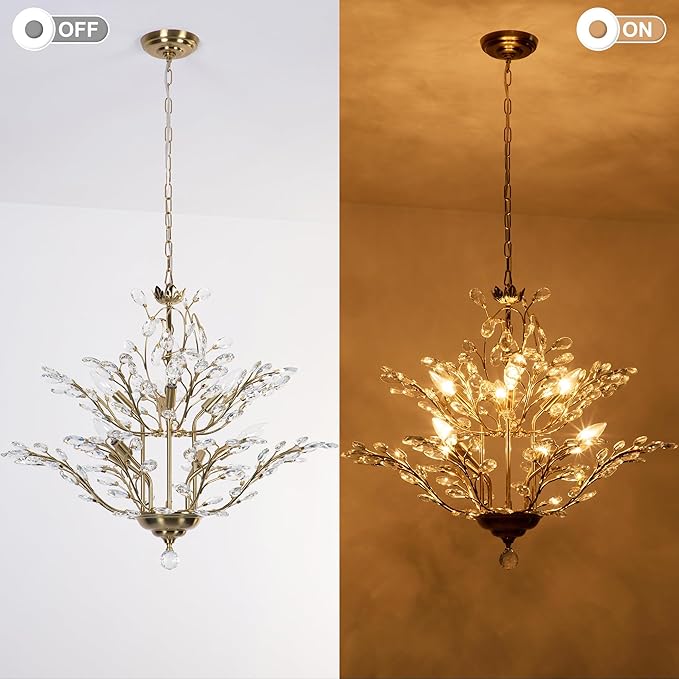 Maxax 27.5" Modern Gold Crystal Chandelier, Tree Branch Pendant Light Fixture, Elegant Ceiling Lighting for Dining Room Living Room Bedroom