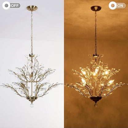 Maxax 27.5" Modern Gold Crystal Chandelier, Tree Branch Pendant Light Fixture, Elegant Ceiling Lighting for Dining Room Living Room Bedroom