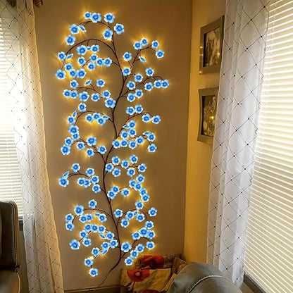 Blue Cherry Blossom LED Lights for Bedroom Decor, Cherry Blossom Willow Vine Branch with Remote Control,Flexible DIY Design,48 LED 8 Modes,for Party, Living Room, Wall Decorations (47inch)