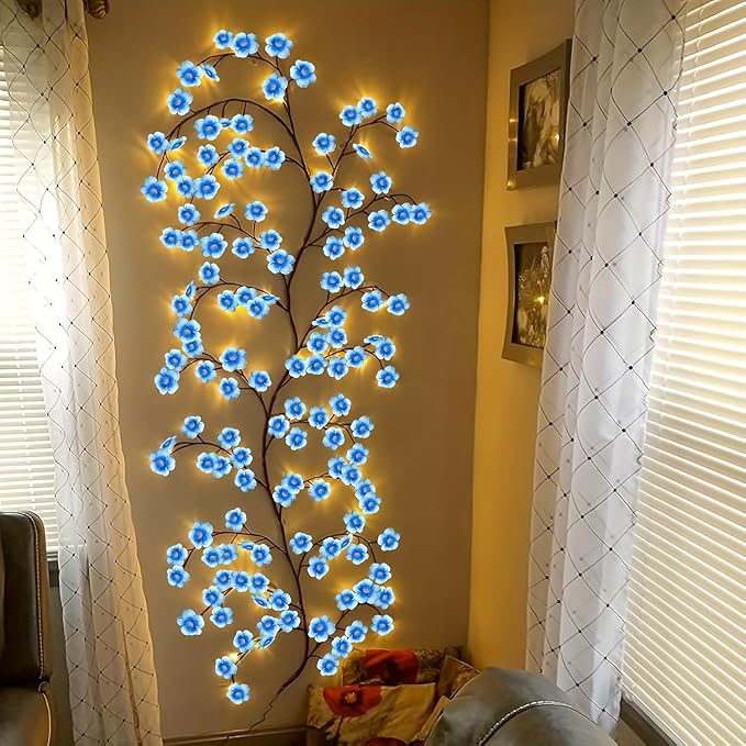 Blue Cherry Blossom Tree Branch Lights for Wall,Cherry Enchanted Willow Vine Lights,with 144 LED and 8 Lighting Modes,Remote Timer,for Bedroom Wall Doors Windows Wedding Christmas Holiday (90inch)