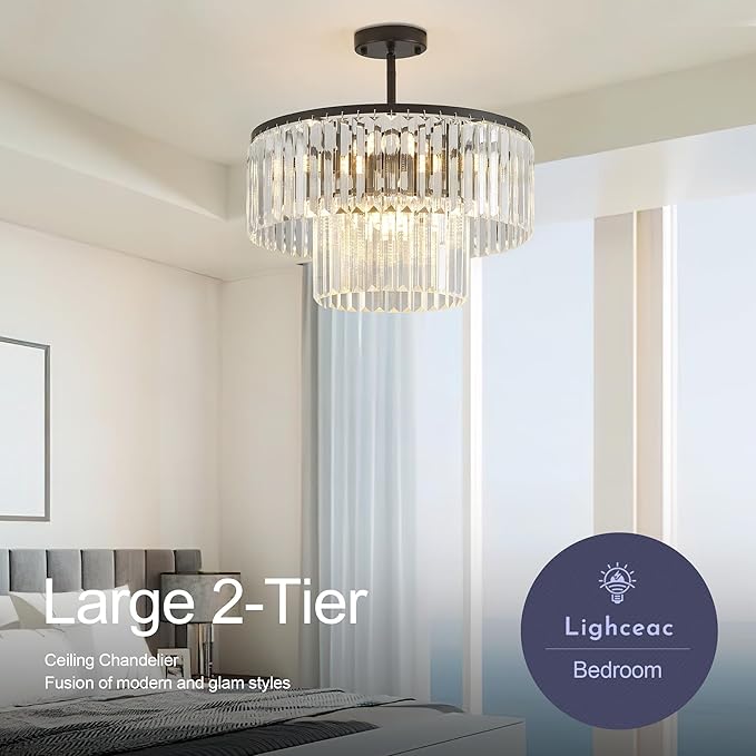 17.7" Black Semi Flush Mount 2-Tier Crystal Ceiling Light Fixtures for Dining Room Modern Luxury 8-Light Chandeliers Lighting for Bedroom Entryway Hallway Kitchen Island Living Room Foyer