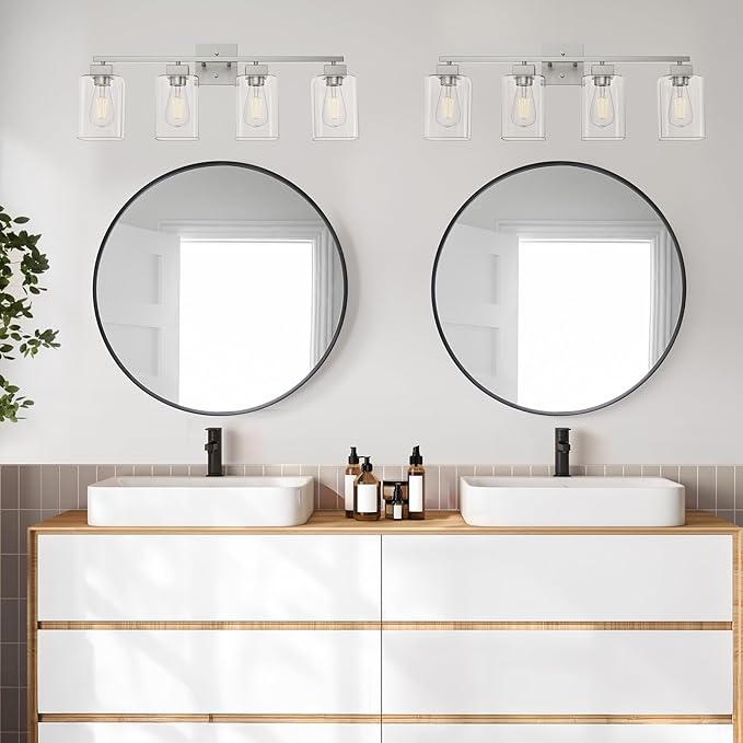 4 Light Bathroom Vanity Light - Brush Nickel Matte Vanity Lights Square Design & UL Certification & Square 26” Silver Bathroom Lights Fixture Over Mirror, Brush Nickel Light for Bedroom