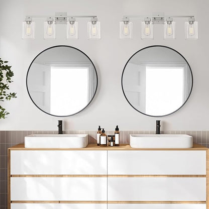 4 Light Bathroom Vanity Light - Brush Nickel Matte Vanity Lights Square Design & UL Certification & Square 26” Silver Bathroom Lights Fixture Over Mirror, Brush Nickel Light for Bedroom