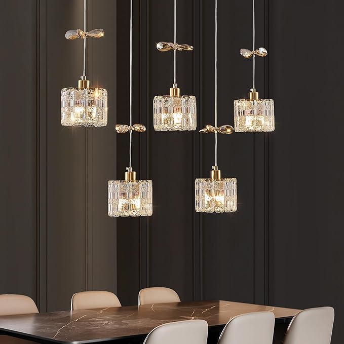BADUO Island Lights for Kitchen, 5-Light Kitchen Island Lighting with Adjustable Rods, Luxury Gold Crystal Pendant Lighting Hanging, Modern Linear Chandelier for Dinning Room Light Fixture