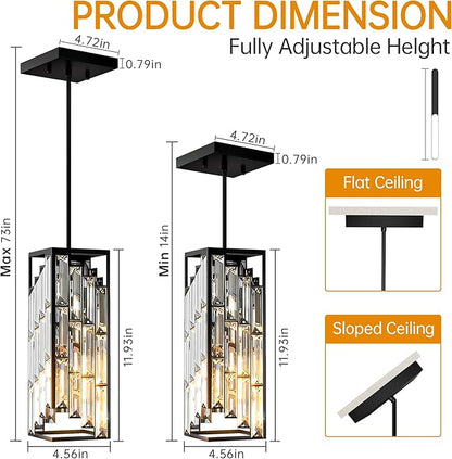 Black Pendant Lights Kitchen Island 2 Pack, Mini Crystal Chandeliers, Modern Pendant Lights Ceiling Lighting Fixtures for Kitchen Island, Dinning Room, Bedroom