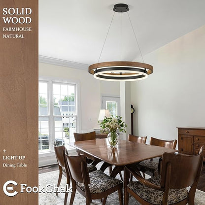 LED Ring Chandelier 24in Solid Gold Oak Wood Chandeliers Dimmable Black Chandeliers Modern Round Chandelier Light for Living Room Dining Room Kitchen Island Bedroom Entry