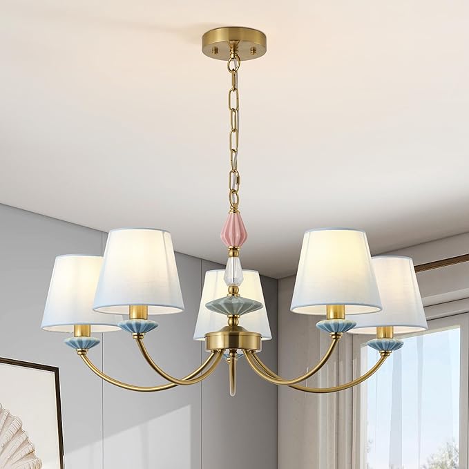 Blue Chandelier for Bedroom Light Fixture, Brushed Gold Art Deco Chandelier with Fabric Shade,Antique Modern Chandeliers paired with Ceramic for Girls Bedroom，Living Room，Dining Room