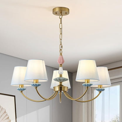 Blue Chandelier for Bedroom Light Fixture, Brushed Gold Art Deco Chandelier with Fabric Shade,Antique Modern Chandeliers paired with Ceramic for Girls Bedroom，Living Room，Dining Room