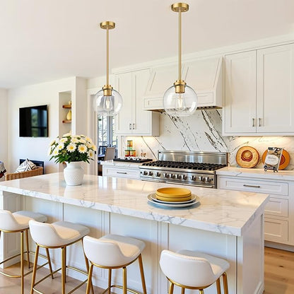 2 Pack 7.2-Inch Globe Pendant Lights, Mid Century Gold Pendant Light Fixtures, Globe Pendant Lights Kitchen Island with Clear Glass Shade Adjustable Hanging Fixture for Dining Room Bulbs not Included