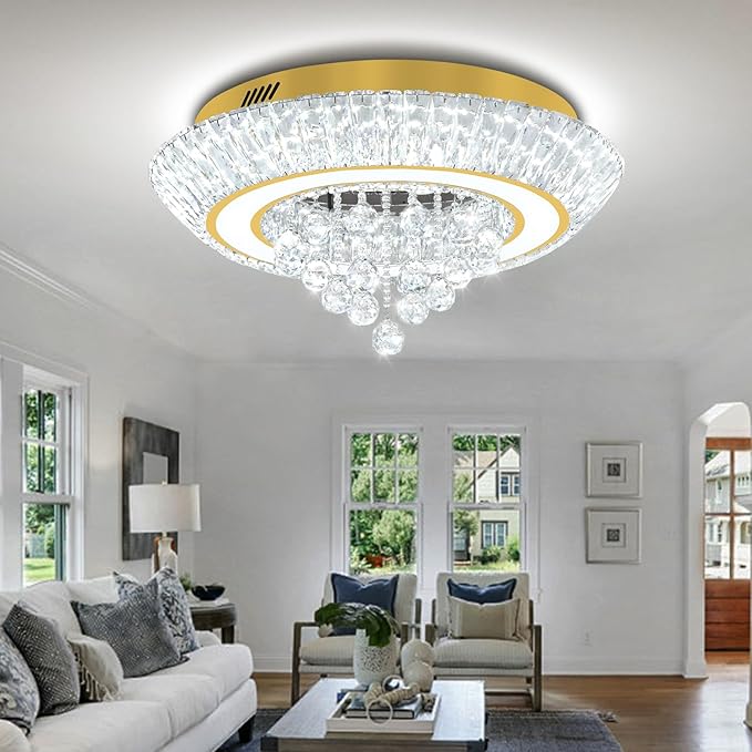 Modern Crystal Chandelier for Living Room, Modern Led Dimmable Gold Ceiling Light with Remote Control, 24in Flush Mount Crystal Chandeliers for Dining Room