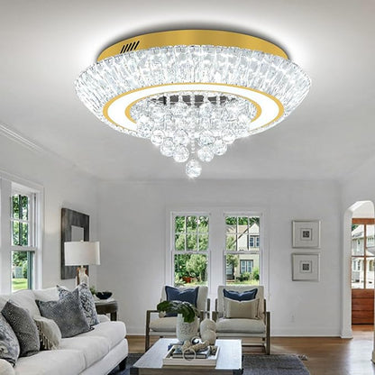 Modern Crystal Chandelier for Living Room, Modern Led Dimmable Gold Ceiling Light with Remote Control, 24in Flush Mount Crystal Chandeliers for Dining Room
