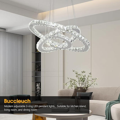 Buccleuch 3-Ring Crystal Chandelier, ETL-Listed Dimmable LED Pendant Light, Slope Ceiling Compatible Stainless Steel K9 Crystal Ceiling Light for Dining Room Bedroom Living Room, 6500K