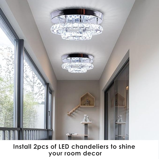 Modern Crystal Chandelier LED Flush Mount Ceiling Light Fixture 11.4" Round Small Crystal Ceiling Lights for Bedroom Kitchen Hallway (Cool White)
