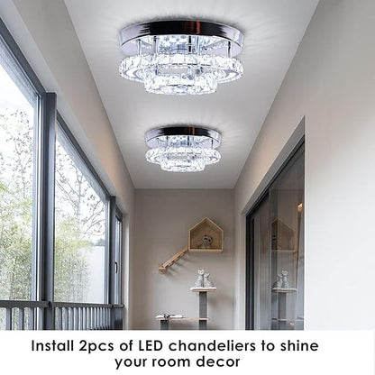 Modern Crystal Chandelier LED Flush Mount Ceiling Light Fixture 11.4" Round Small Crystal Ceiling Lights for Bedroom Kitchen Hallway (Cool White)