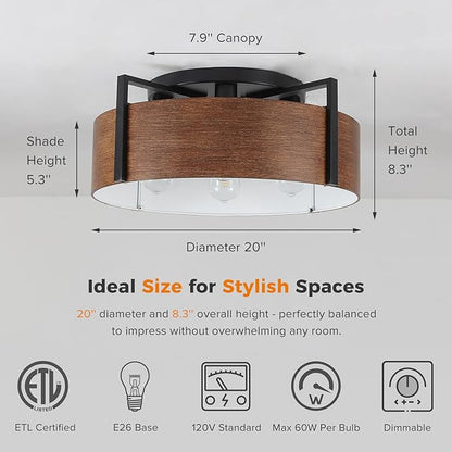 20'' Farmhouse Semi Flush Mount Ceiling Light, 4-Light Rustic Hallway Entryway Light Fixtures, Metal Wood Grain Finish Close to Ceiling Lights for Kitchen Dining Room Bedroom Living Room Foyer