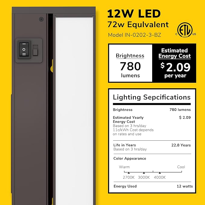 GETINLIGHT 24-inch Swivel LED Under Cabinet Lights, Glass Lens, Selectable White 2700K/4000K/5000K, Dimmable with Wall Dimmers, Bronze Finish, IN-0202-3-BZ