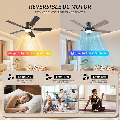 KNUN Ceiling Fans with Lights,52 Inch Low Profile Ceiling Fan with Light and Remote Control,Flush Mount,6 Speeds DC Reversible Motor, 3CCT Dimmable, Noiseless Brown Ceiling Fan for Living Room,Patio