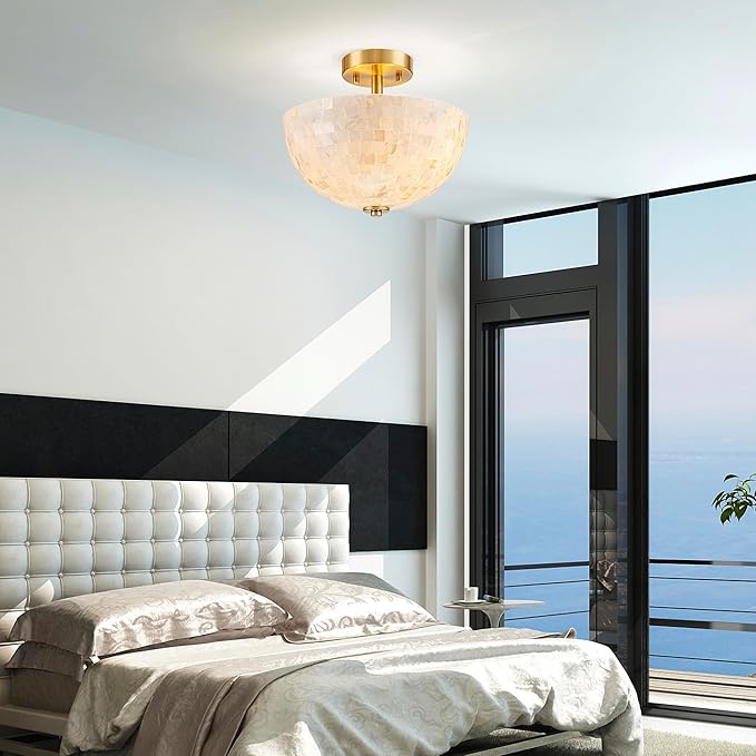 D12inch Bowl Capiz Shell Ceiling Light, 2-Light Coastal Style Light Fixture for Dining Room, Living Room & Bedroom, D12 x H14 inch, Shell Lampshade & Brass Finish Frame