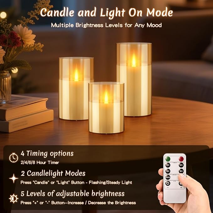 3PC Rechargeable Led Candles, Flameless Flickering with Remote & Timer, with Real Wax Candle in Glass Warm Color Light, Lasting for 200+ Hours for Festival, Party, Bedroom, Living Room Decor, Amber